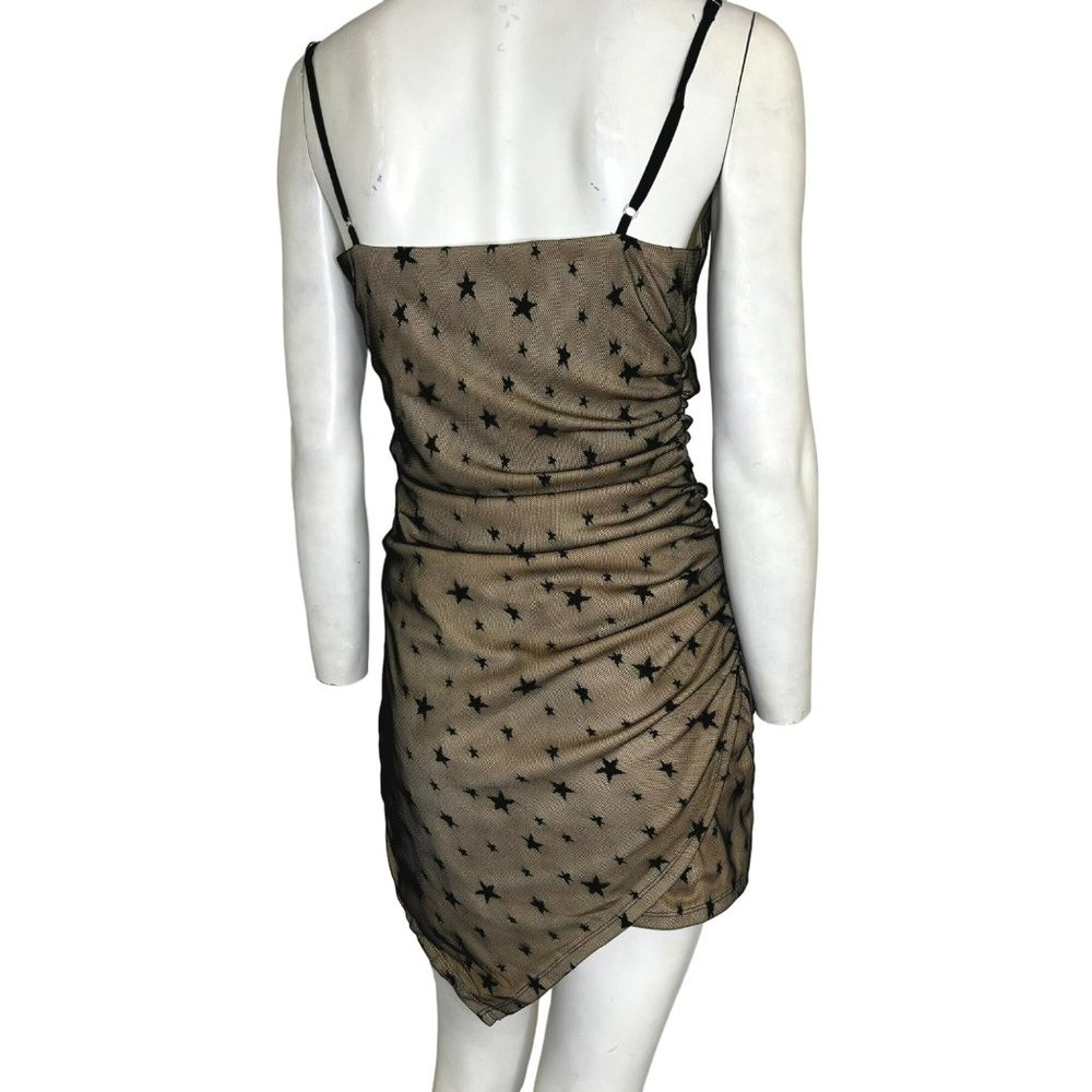 Storia Star Print Mesh Ruched Mini Dress Black Beige Size Small NWT - Picture 2 of 2